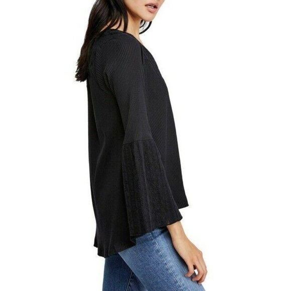 Free People Embroidered Blouse Top Women's XS Black Bell Sleeves V-Neck NEW - Picture 11 of 14